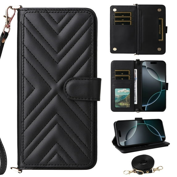 Multifunctional PU Leather Phone Case for iPhone 13 Wallet Purse Cover, Stylish with Card Holder Slots Stand Wrist Strap and Shoulder Strap for Women Girls for iPhone 13, Black