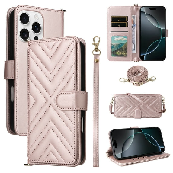 Multifunctional PU Leather Phone Case for iPhone 16 Pro Max Wallet Purse Cover, Stylish with Card Holder Slots Stand Wrist Strap and Shoulder Strap for Women Girls for iPhone 16 Pro Max, Pink