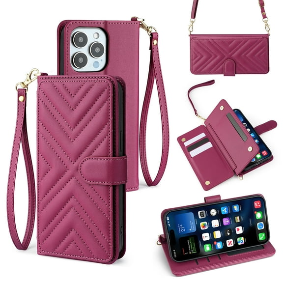 Multifunctional PU Leather Phone Case for iPhone 16 Pro Wallet Purse Cover, Stylish with Card Holder Slots Stand Wrist Strap and Shoulder Strap for Women Girls for iPhone 16 Pro, Rose