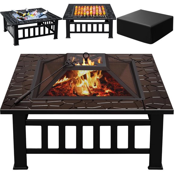Multifunctional Patio Fire Pit Table, 32in Square Metal BBQ Firepit Stove Backyard Garden Fireplace with Spark Screen Lid and Rain Cover for Camping, Outdoor Heating, Bonfire and Picnic, Black