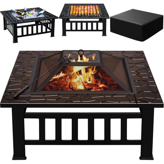 Multifunctional Patio Fire Pit Table, 32in Square Metal BBQ Firepit Stove Backyard Garden Fireplace with Spark Screen Lid and Rain Cover for Camping, Outdoor Heating, Bonfire and Picnic, Black