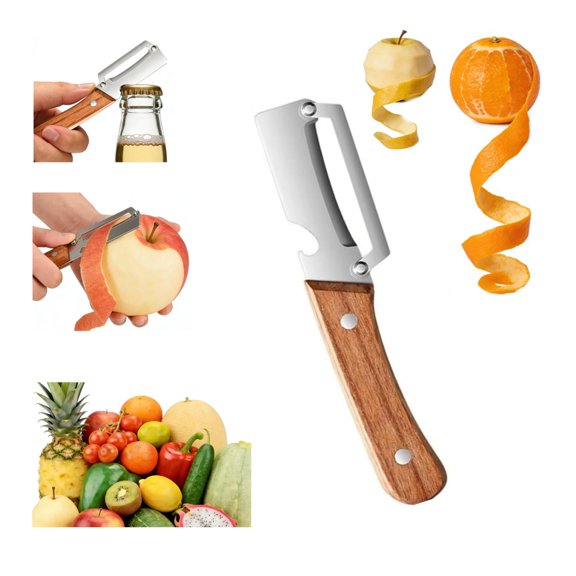 Multifunctional Peeler Ultra-Sharp Stainless Steel Blade with Ergonomic Wooden Handle and Built-In Bottle Opener Perfect for Home Kitchen and Camping