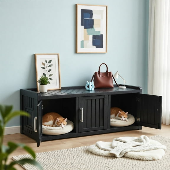 Home Modern Cat Litter Box for for Multiple Cats - Resin Cat Litter Box Enclosure Furniture, Waterproof Indoors Cat Pet Side Table Play House with 3-Doors for Hallway Living Room,Black