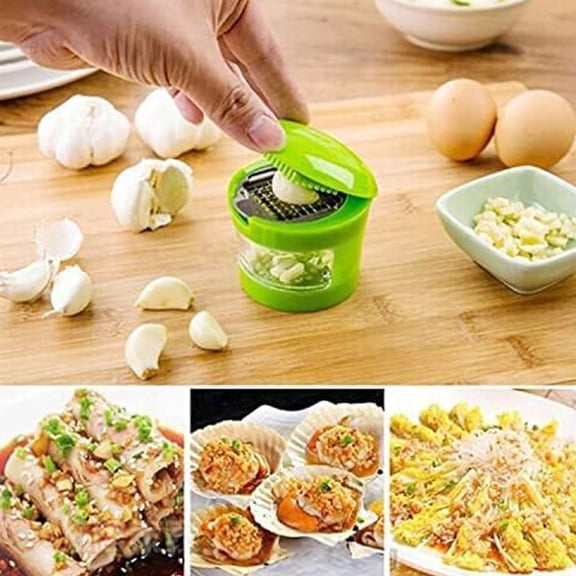 Multifunctional Plastic Garlic Press, Manual Crusher and Slicer with Storage Compartment, Kitchen Mincer and Grater Tool for Garlic, Ginger, and Nuts, Easy to Clean and Compact, Dishwasher Safe