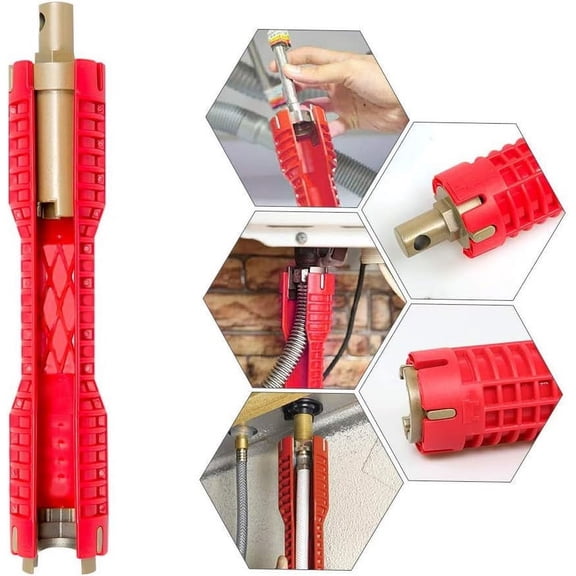 Multifunctional Plumbing Tool Basin Wrench For Tight Spaces, Red 8 In 1 Faucet And Sink Installer With Extra-long Design For Bathroom Kitchen Toilet Plumbing
