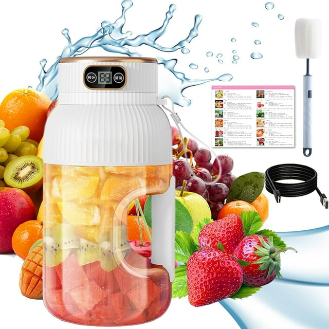 Multifunctional Portable Juicer Cup With Digital Display, Self-Cleaning Portable Juicer Cup, 42oz Portable Blender for Shakes and Smoothies, USB Rechargeable, 10 Blades (White)