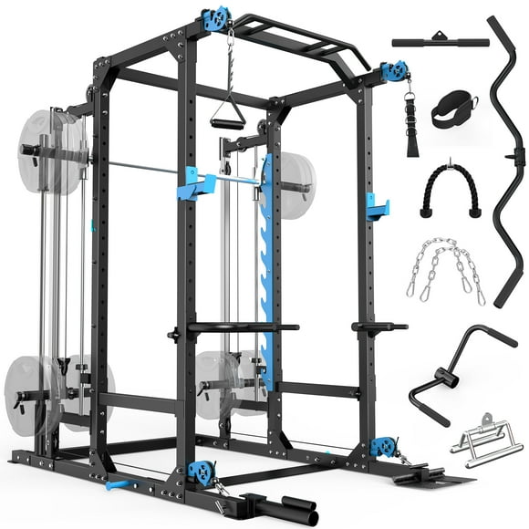 Multifunctional Power Cage Rack with Cable Crossover/Smith Machine System, LAT-Pull Down System,Squat Rack and More Training Attachments for Home Gym