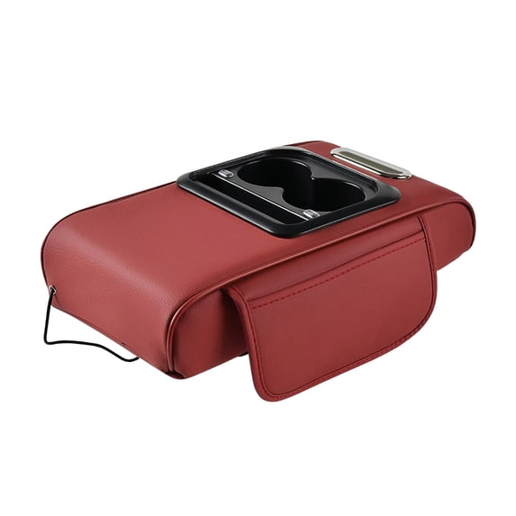 Multifunctional Pu Leather Car Armrest Box Mat, 5-in-1 Car Accessories Interior Organizers with 2 Storage Bags Cup Holder, Tissue Box Slot, Phone Slot for Most Cars (Large mesh Style,Red)