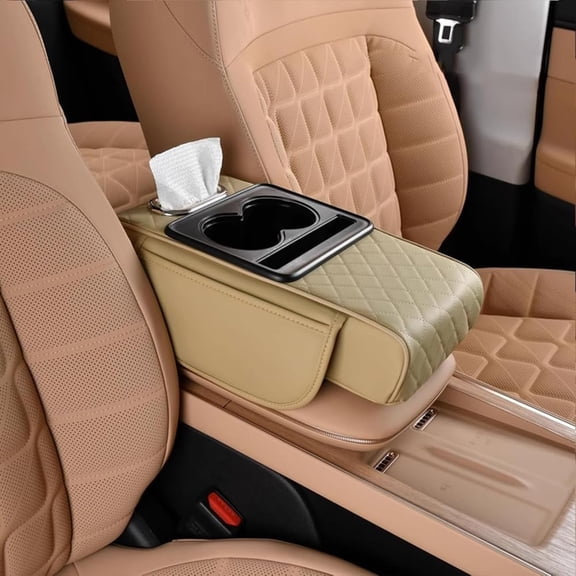 Multifunctional Pu Leather Car Armrest Box Mat, Car Console Organizer with 2 Side Storage Pockets, Waterproof Interior Organizer for Most Cars(Beige,1pc)