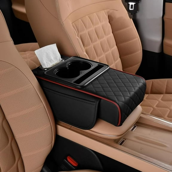Multifunctional Pu Leather Car Armrest Box Mat, Car Console Organizer with 2 Side Storage Pockets, Waterproof Interior Organizer for Most Cars(Black-B,1pc)