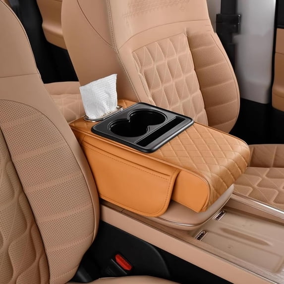 Multifunctional Pu Leather Car Armrest Box Mat, Car Console Organizer with 2 Side Storage Pockets, Waterproof Interior Organizer for Most Cars(Yellow,1pc)