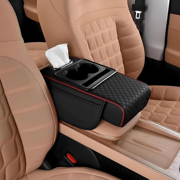 Multifunctional Pu Leather Car Armrest Box Mat with Cup Holder and Side Pockets, Universal Center Console Armrest Pad, Easy to Clean Interior Organizer for Cars Trucks Suvs