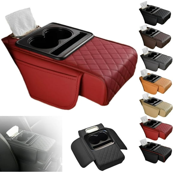 Multifunctional Pu Leather Car Armrest Box Mat, Multifunctional Car Armrest Cushion, Universal Style Memory Cotton Car Armrest Box Pad, with Storage Bags Cup Holder, Tissue Box Slot