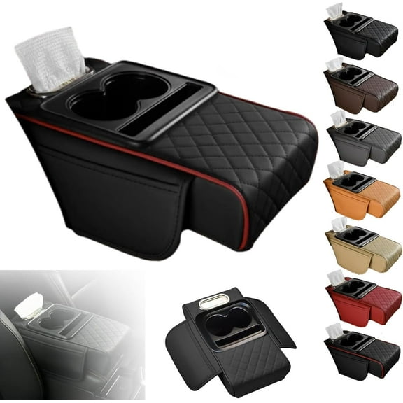 Multifunctional Pu Leather Car Armrest Box Mat, Multifunctional Car Armrest Cushion, Universal Style Memory Cotton Car Armrest Box Pad, with Storage Bags Cup Holder, Tissue Box Slot