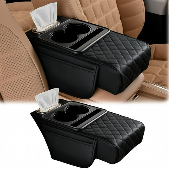 Multifunctional Pu Leather Car Armrest, PU Leather Center Console Cover Cushion, Armrest Storage Box Pad with Phone & Tissue Holder for Most Cars