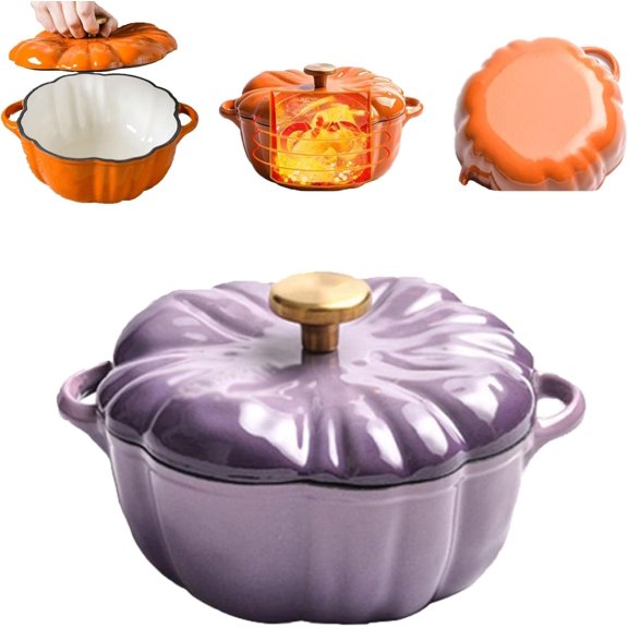 Multifunctional Pumpkin Dutch Oven Pot with Lid, Pumpkin Pots for Cooking, Cast Iron Dutch Oven, Stew Soup Pot, Serves 3-5, Halloween & Thanksgiving Decor Gift, Oven & Stove Safe(Purple2, 10"Lx3.5"H)