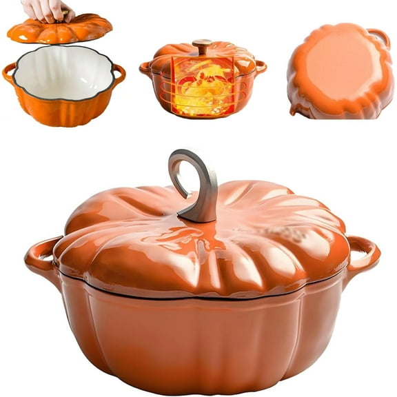 Multifunctional Pumpkin Dutch Oven Pot with Lid, Pumpkin Pots for Cooking, Cast Iron Dutch Oven, Stew Soup Pot, Serves 3-5, Halloween & Thanksgiving Decor Gift, Oven & Stove Safe(Orange1, 10"Lx3.5"H)