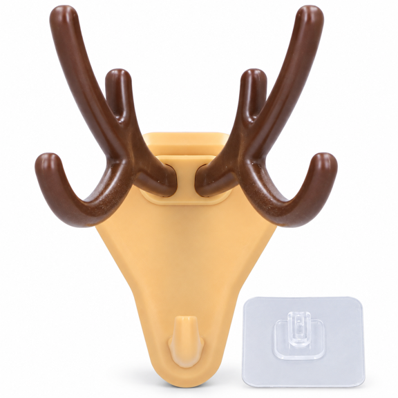 Multifunctional Punch-Free Adhesive Deer Antlers Wall Hook Organizer for Home Office Bathroom Bedroom Decor, Reliable Phone Stand Holder, 4.33 inches / 11 cm, Color Khaki Brown