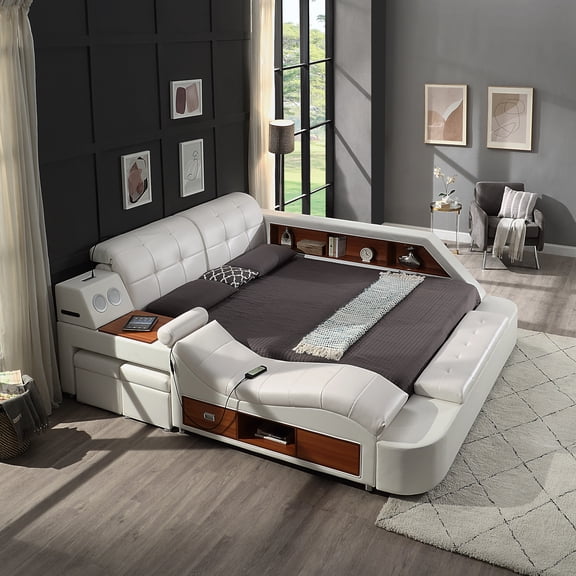 Multifunctional Queen Bed Frame, Upholstered Platform with Storage, Massage Recliner, Adjustable Headboard, Bluetooth Speaker & USB Charging Station