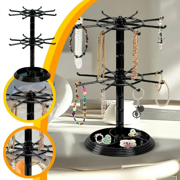 Multifunctional Rack Jewelry Organizer - 2 Tier Rotating Bracelet Display Stand with 16 Hooks Adjustable Height Stable Base & Ring Holder for Keychains