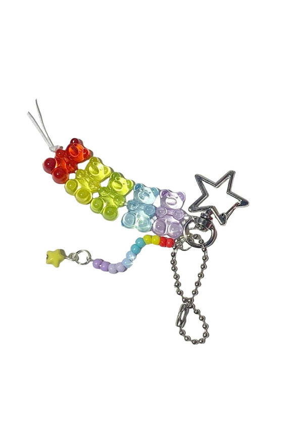 Multifunctional Rainbow Bead Keychain Vibranting Handmade Fashion Accessory with Lovely Bear Sturdy Pendant Daily Use