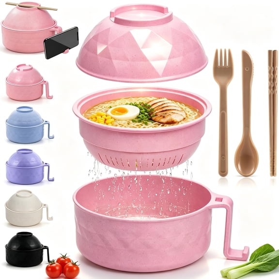 Multifunctional Ramen Bowl Set with Water Filter Bowl, 44oz Ramen Pot with Chopsticks and Spoon, Portable Pasta Bowls with Strainer for Home Office Dorm Room College Guys