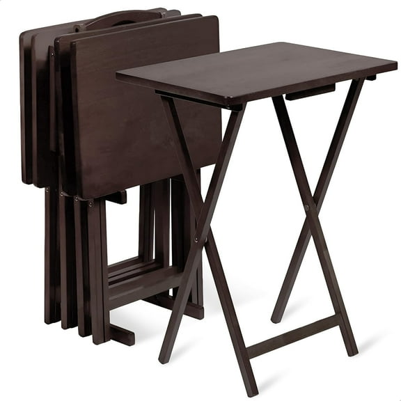 Multifunctional Rectangular Folding and Collapsible Solid Wood TV Tray Snack Tables with Compact Storage Rack, Set of 5, Black
