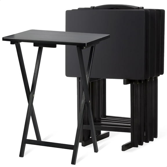 Multifunctional Rectangular Folding and Collapsible Solid Wood TV Tray Snack Tables with Compact Storage Rack, Set of 5, Black