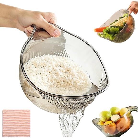 Multifunctional Rice Strainer with Handle, Ergonomic Rice Washer Strainer, Multifunctional Fruit & Vegetable Washing Bowl with Fine Holes, Efficient Draining & Rinsing (1*grey)