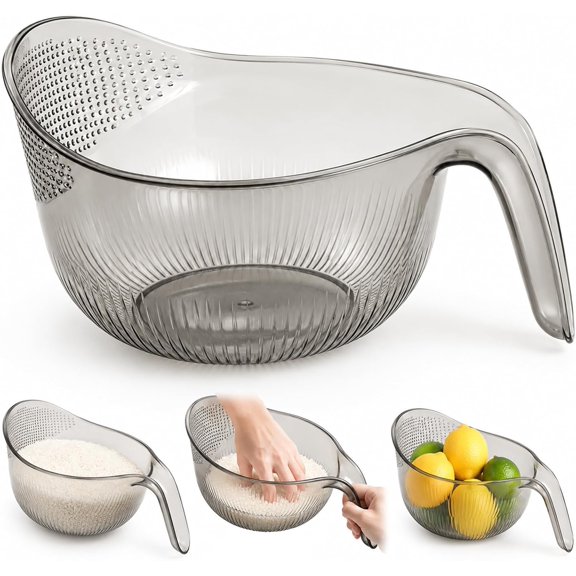 Multifunctional Rice Strainer with Handle, Multipurpose Rice Washer and Fruit Washing Bowl with Strainer for Rice, Grains, Fruits, Vegetables and Everyday Kitchen Prep (Gray)