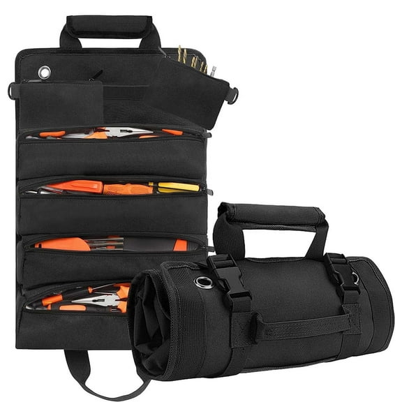 Multifunctional Roll-Up Tool Bag with 5 Zipper Pockets | Heavy-Duty Canvas Storage Organizer for Electricians, Mechanics & Woodworking | 52x32cm Car Mounted Hardware Tool Kit | Includes 1 Storage Bag