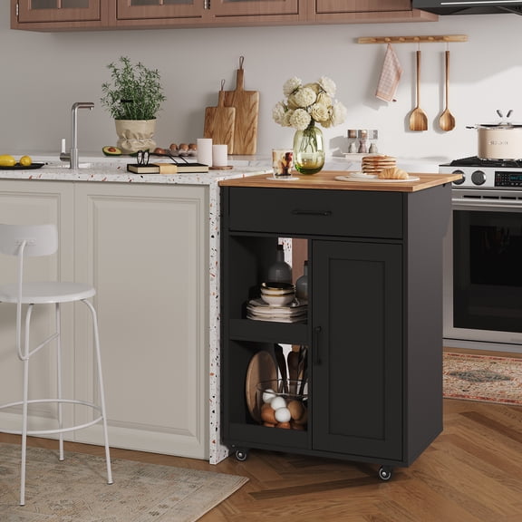 Multifunctional Rolling Kitchen Island Cart – Drop Leaf, Drawer, 2 Shelves – Microwave & Coffee Bar Organizer for Dining Room