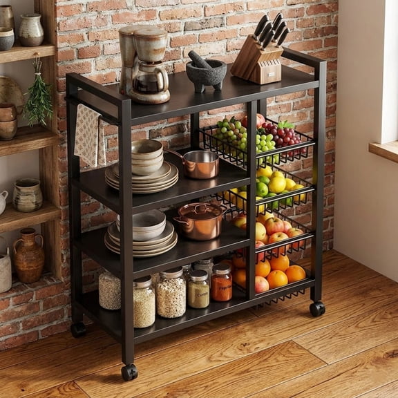 Multifunctional Rolling Kitchen Serving Cart, Metal Storage Rack with Adjustable Mesh Baskets, Kitchen Storage Rack, Fruit Basket Kitchen Cart for Kitchen