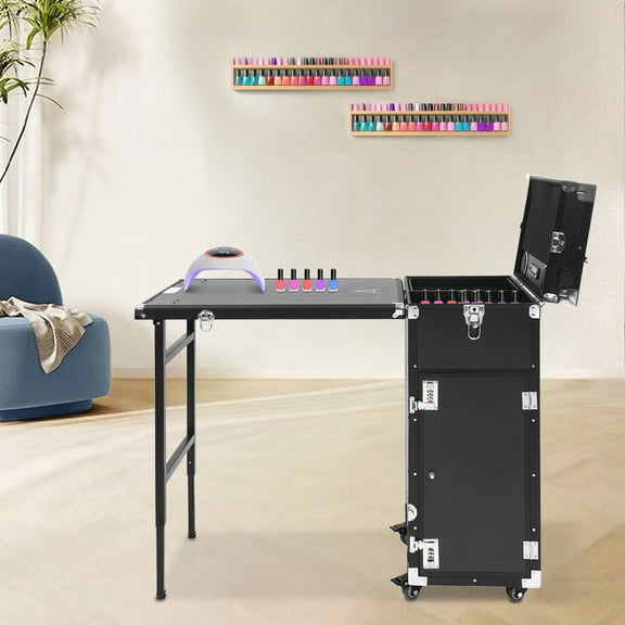 Multifunctional Rolling Makeup Train Case with Foldable Table, Bluetooth Speakers & Mirror Lockable Portable Cosmetic Organizer Trolley for Makeup Artists & Hairstylists