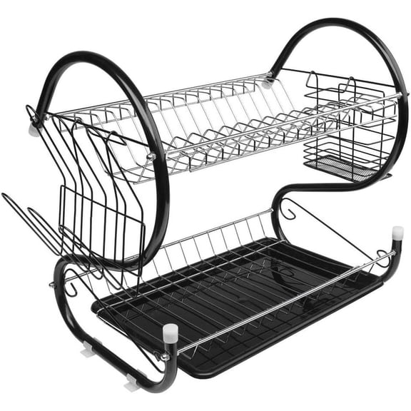 Multifunctional S-Shaped Dual Layers Bowls Dishes Chopsticks Spoons Collection Dish Rack,Dish Drainers,Space Saving Drying Rack for Kitchens, Restaurants, Canteens (Black, 17.72" x 11" x 14.17")
