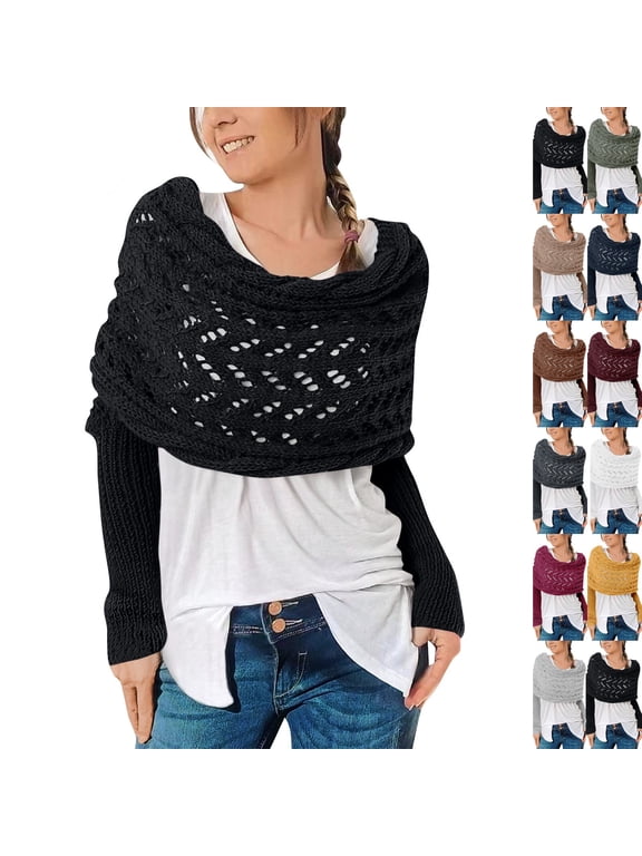 Multifunctional Scarf with Sleeves Knitted Cable Wrap Sweater Scarf Crochet Pattern Shrugs for Women Cozy Sleeve Wrap Shawl Black