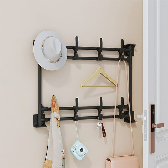 Multifunctional Self- Hanging Rack, Punch-Free Wall Mount Hook Organizer, Multi-Row Heavy Duty Plastic Storage for Kitchen Bathroom Living Room, White/Black, 52x37.5cm