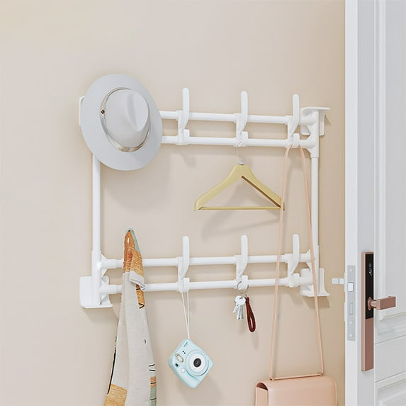 Multifunctional Self- Hanging Rack, Punch-Free Wall Mount Hook Organizer, Multi-Row Heavy Duty Plastic Storage for Kitchen Bathroom Living Room, White/Black, 52x37.5cm