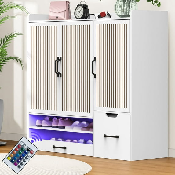 Multifunctional Shoe Cabinet with Stool, Adjustable Shelves Storage Organizer, Retractable Toe-Kick Drawer, Entryway Bench with Sturdy Top for Hallway, Living Room, White