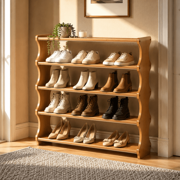 Multifunctional Shoe Rack: An open storage rack with sturdy side panels and raised edge guards to ensure items are stored safely; ideal for hallways, bedrooms, and closets