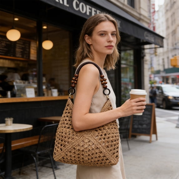 Multifunctional Shoulder Bag Stylish Weaving Crafts Handbag Portable Storage for Travel Leisure Commuting Daily Use Fashionable Design Large Capacity Organizer