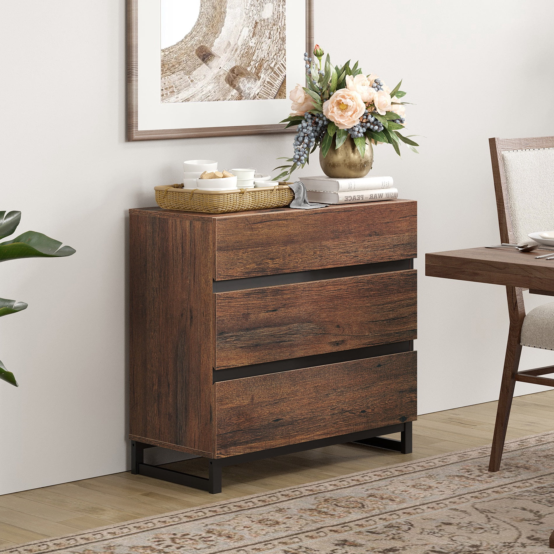 Multifunctional Sideboard Buffet Cabinets, Modern Sideboard With Adjustable Shelf And 3 Drawers, Coffee Bar Cabinet Storage Cabinet For Living Room, Kitchen,Brown