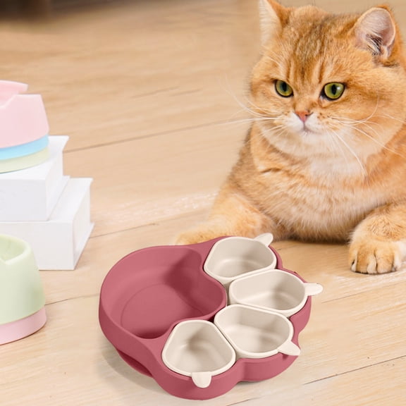 Multifunctional Silicone Pet and Kids Bowl Set with Suction Cat Shaped Silicone Plates and Child Friendly Design for Mealtime,2.95X5.71inch,Red