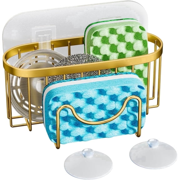 M-Shaped Stainless Steel Sponge Holder - Multifunctional Sink Caddy for Sponge, Brush, Stopper and Scraper (Gold)