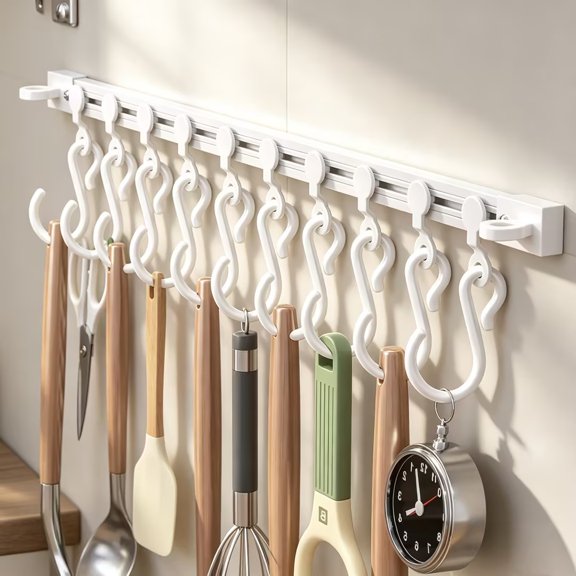 Multifunctional Slide Rail Hook, Adhesive Wall Hooks Rack Kitchen Rail, Space Saving Utensil Rack with 10 Hooks No Drilling Hanger for Bathroom Kitchen Bedroom Office