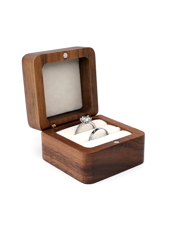 ✪ Multifunctional Small Jewelry Box Square Shape Organizer Mini Wooden Ring Box Soft Interior Holder for Proposal Wedding
