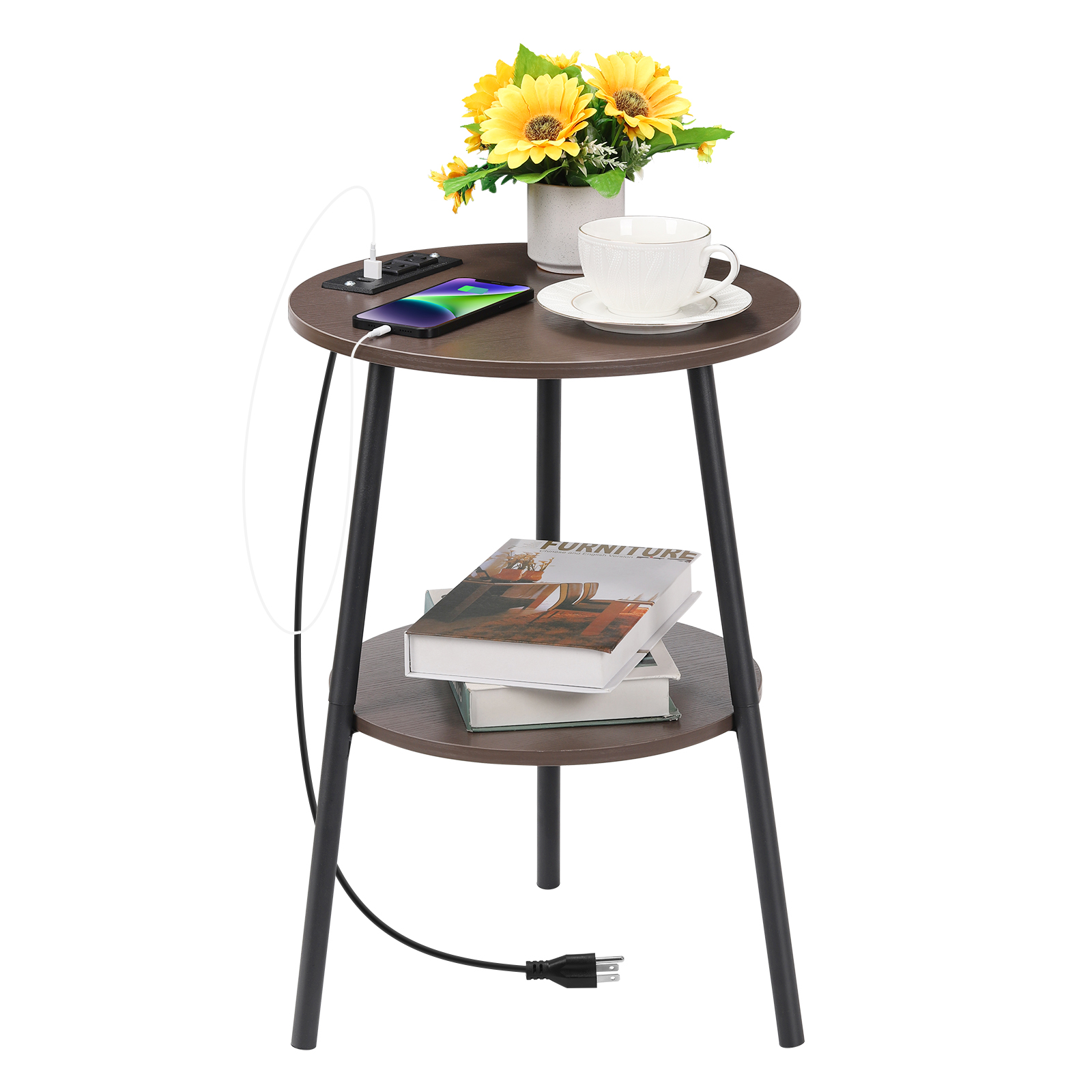 Multifunctional Small Round Side Table with Charging Station and