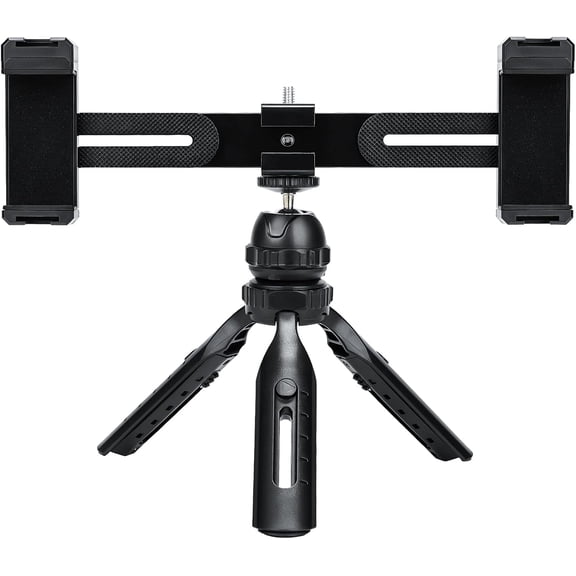 Multifunctional Smartphone Video Kit, with Universal Phone Desktop Tripod with Dual Phone Holders and 4 Cold Shoe mounts for vlogging, Live Streaming, Online Video Teaching, and conferences