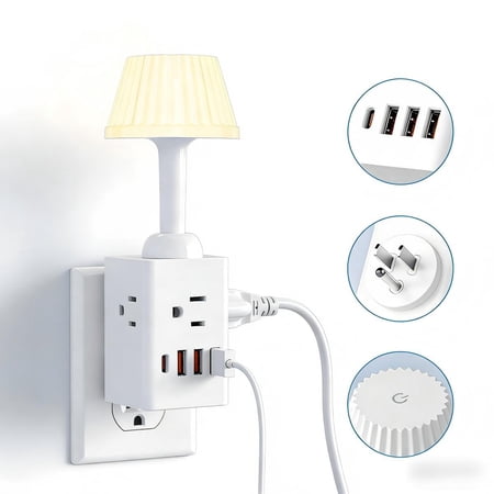 Multifunctional Mini Socket Lamp- 3-Outlet Mini Socket Extender with Touch Dimmable Night Light, 3 USB Ports & 1 Type-C Charger for Bedroom, Dorm, Travel