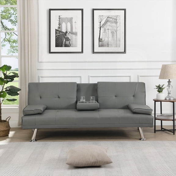 Multifunctional Sofa Bed with Stable Wood Frame & Stainless Leg|Grey PVC, 600LBS Weight Limit